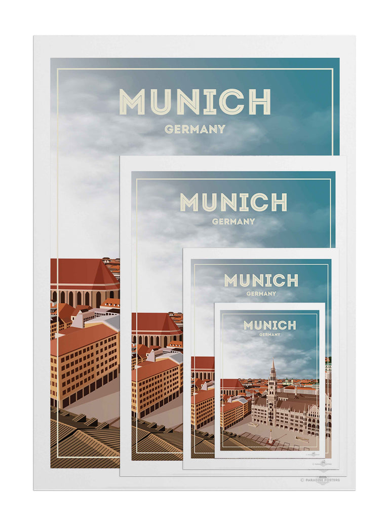 Munich Germany Travel Poster Print aerial architecture buildings cathedral cityscape clocktower clouds Europe european framed Germany historic landmark munich new old plaza rooftops skyline spire square tower