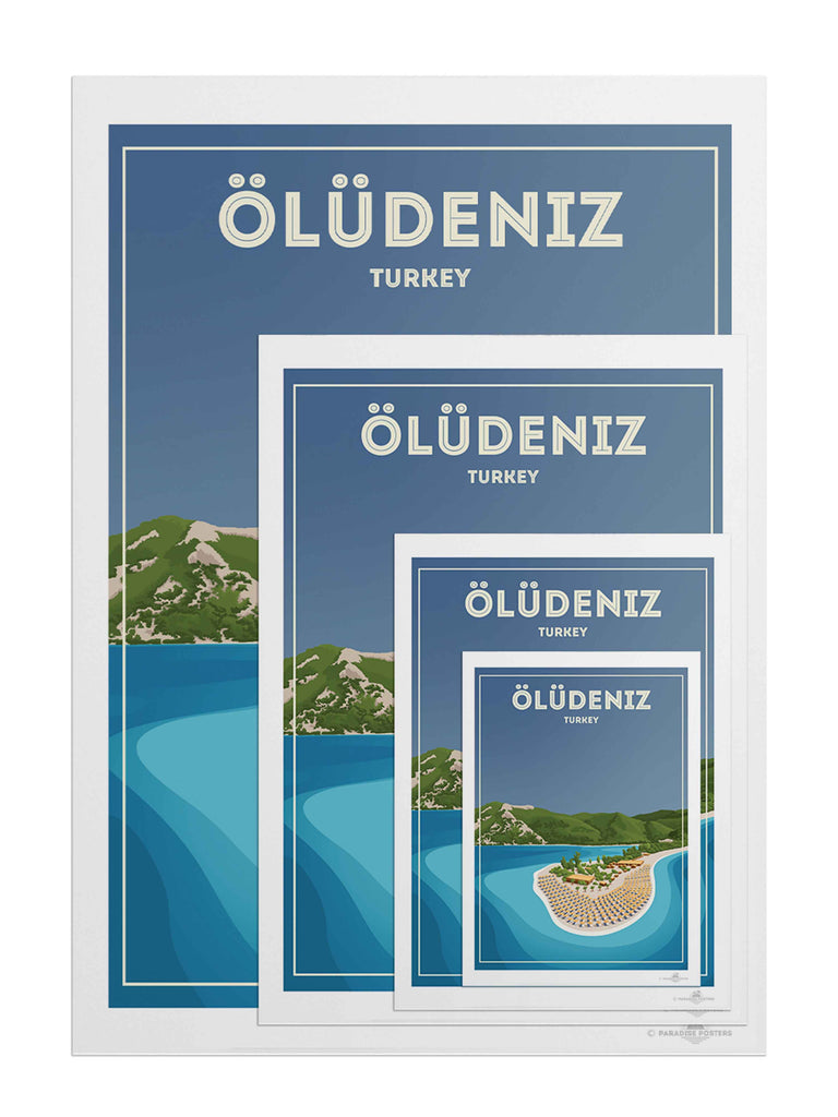 Oludeniz Turkey Travel Poster Print bay beach coastline framed greenery hills lagoon mountains new ocean oludeniz resort sand sea shoreline sunbeds tropical umbrellas water