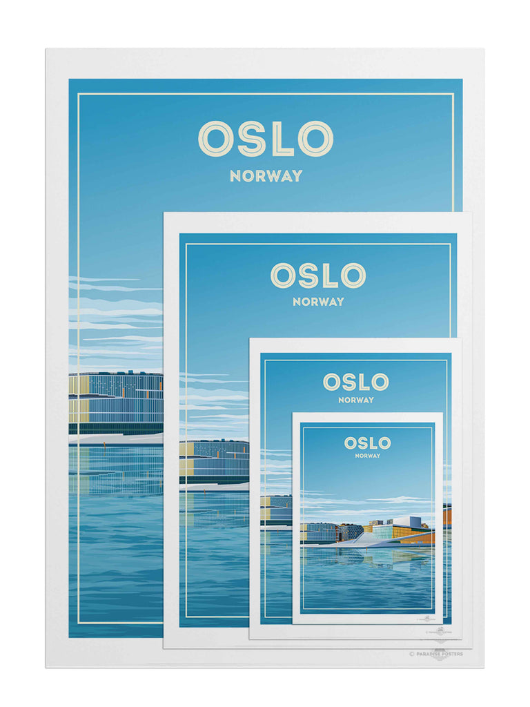Oslo Norway Travel Poster Print architecture blue buildings cityscape contemporary framed glass harbour house modern new Norway opera oslo reflection sky skyline urban water waterfront