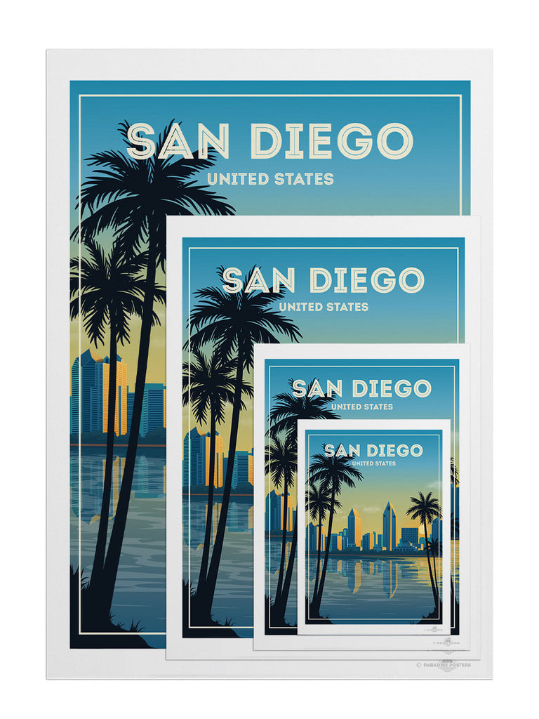 San Diego United States Travel Poster Print buildings cityscape coastal framed gradient illustration modern new ocean palm reflection silhouette skyline skyscrapers sunset trees twilight urban water waterfront
