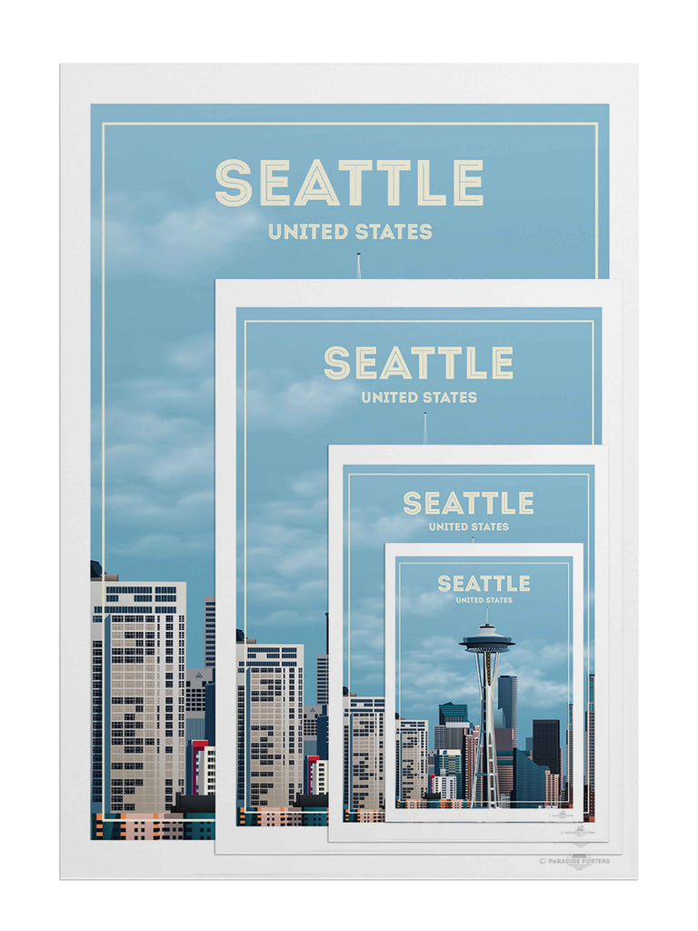 Seattle United States Travel Poster Print architecture buildings cityscape clouds downtown framed landmark metropolitan modern new seattle sky skyline skyscrapers spaceneedle states tower united urban usa