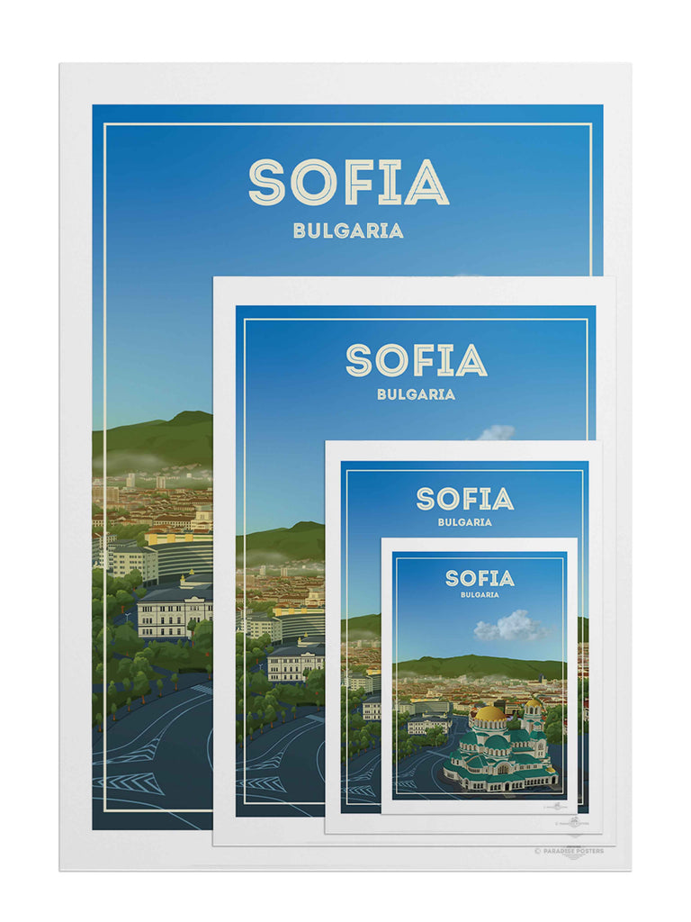 Sofia Bulgaria Travel Poster Print architecture bulgaria capital cathedral church cityscape clouds domes Europe framed gold green hills historic landmark mountains new orthodox skyline sofia square