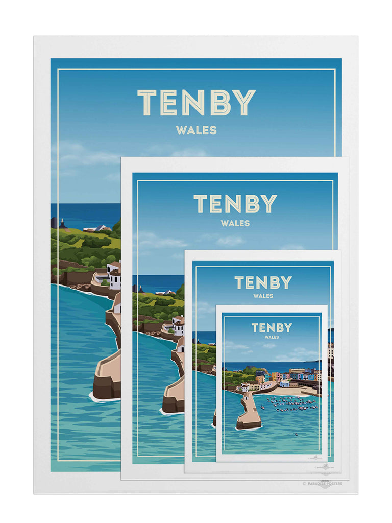 Tenby Wales Travel Poster Print boats buildings cliffs coastline colourful framed harbour headland houses marina new ocean pier sea seaside sky tenby town Wales water