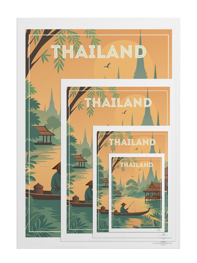 Thailand Travel Poster Print architecture bamboo boat culture exotic fisherman fishing foliage green illustration jungle landscape nature new orange pagoda peaceful reflection river serene silhouette spires sunrise sunset temple Thai Thailand tropical vintage water