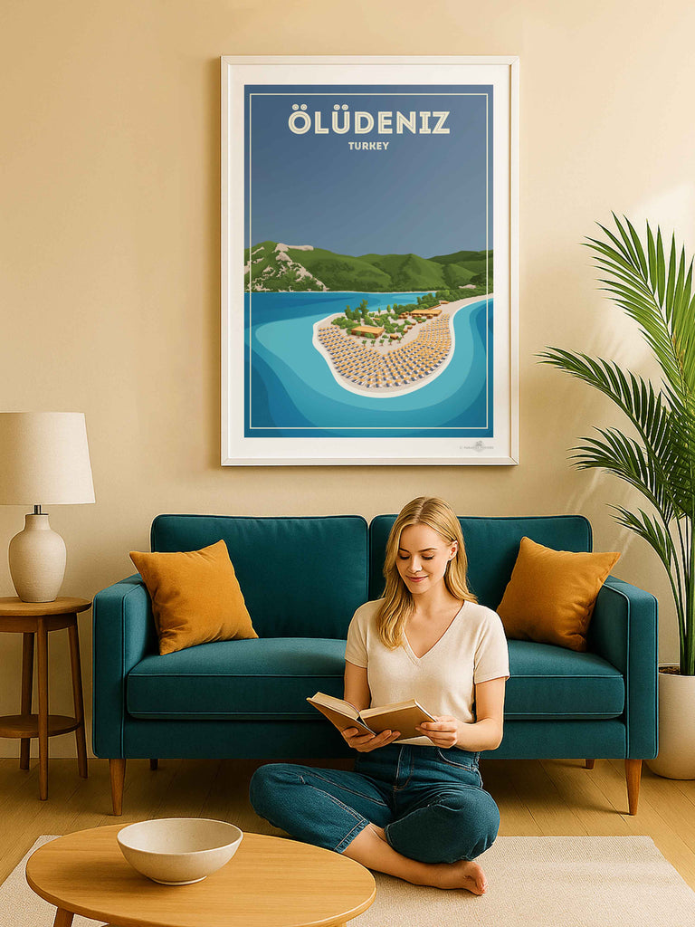 Oludeniz Turkey Travel Poster Print bay beach coastline framed greenery hills lagoon mountains new ocean oludeniz resort sand sea shoreline sunbeds tropical umbrellas water