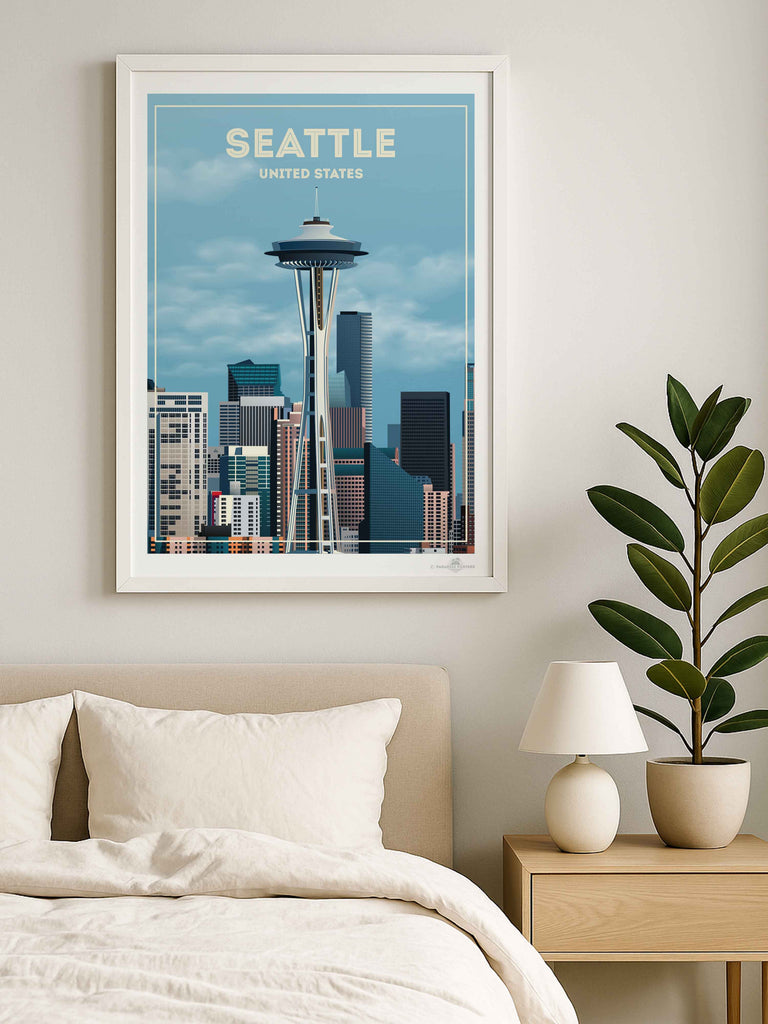 Seattle United States Travel Poster Print architecture buildings cityscape clouds downtown framed landmark metropolitan modern new seattle sky skyline skyscrapers spaceneedle states tower united urban usa