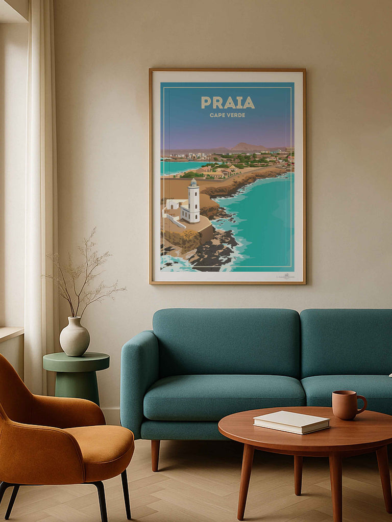 Praia Cape Verde Travel Poster Print beach decor bedroom wall art birthday present calming wall art cape verde cape verde art coastal wall art framed gift idea housewarming gift lighthouse print living room art minimalist decor modern art print new office decor pastel colour art praia cape verde travel poster print praia poster sea view poster travel home decor travel poster turquoise sea with pastel blue and lavender sky