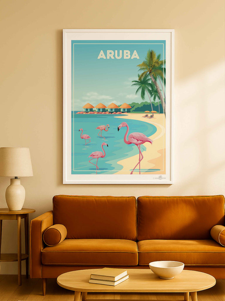 Aruba Travel Poster Print aruba Caribbean coast exotic flamingos framed huts lagoon new ocean palm paradise resort sand shoreline sunbeds trees tropical umbrellas water
