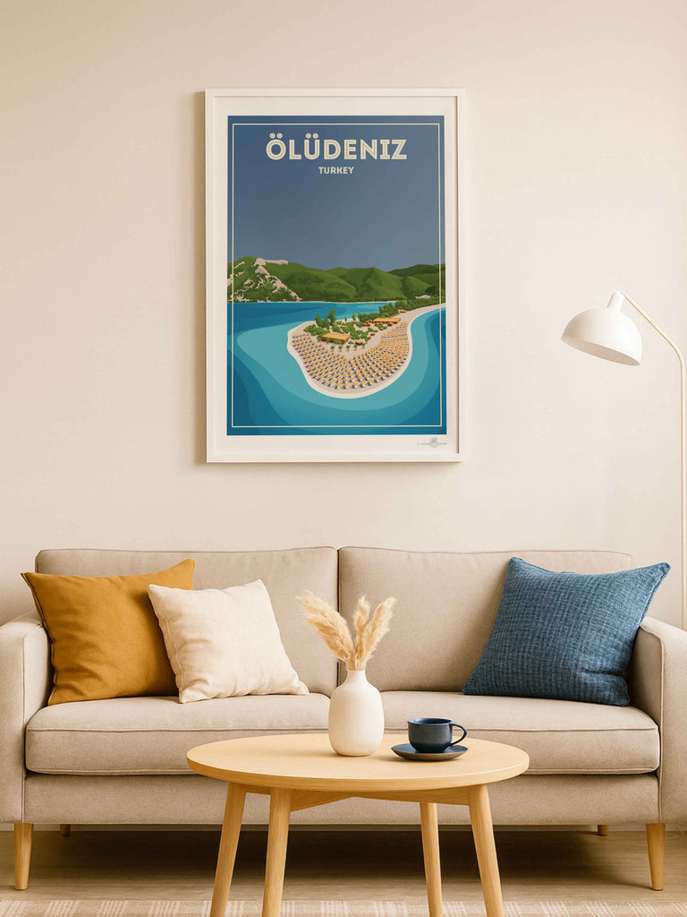 Oludeniz Turkey Travel Poster Print bay beach coastline framed greenery hills lagoon mountains new ocean oludeniz resort sand sea shoreline sunbeds tropical umbrellas water