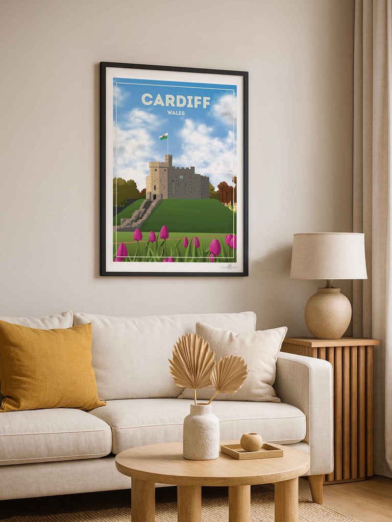 Cardiff Wales Travel Poster Print architecture cardiff castle clouds flag flowers fortress framed grass heritage hill historic landmark medieval new sky stone tower tulips welsh
