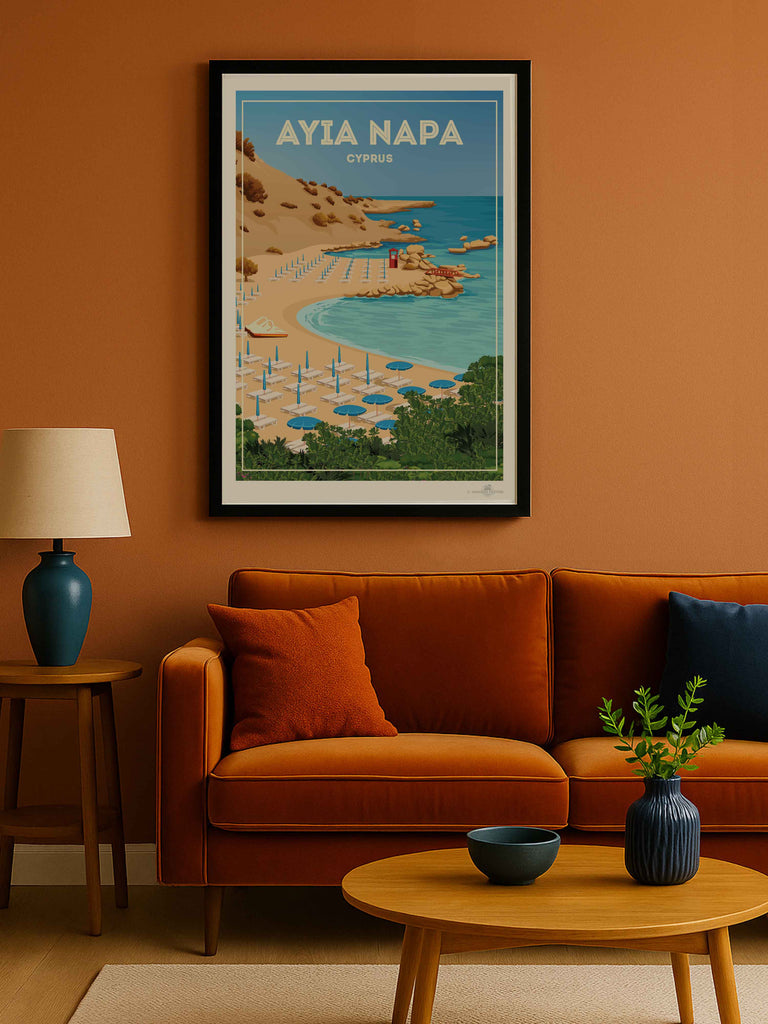 Ayia Napa Cyprus Travel Poster Print ayia bay beach cliffs coast framed greenery hut lifeguard napa new ocean resort rocks sand sea shoreline summer sunbeds umbrellas
