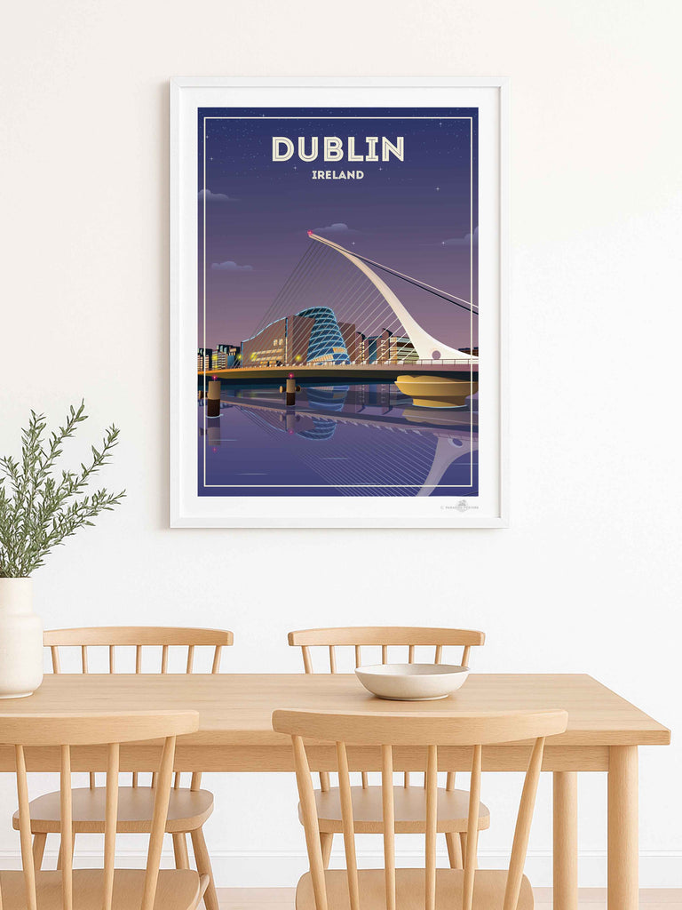 Dublin Ireland Travel Poster Print architecture bridge cables cityscape dublin evening framed illuminated ireland landmark lights modern new night reflection river skyline stars urban waterfront