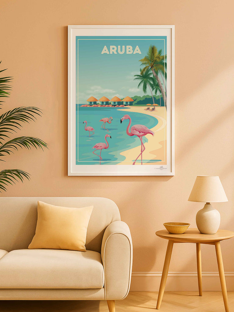 Aruba Travel Poster Print aruba Caribbean coast exotic flamingos framed huts lagoon new ocean palm paradise resort sand shoreline sunbeds trees tropical umbrellas water