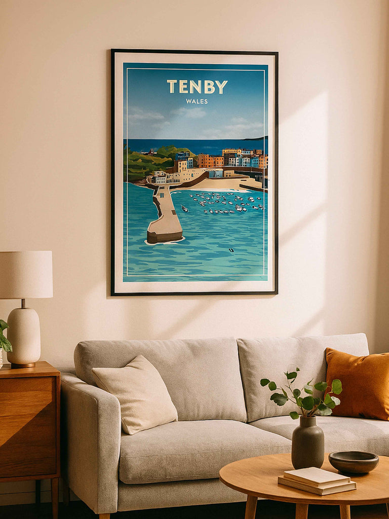 Tenby Wales Travel Poster Print boats buildings cliffs coastline colourful framed harbour headland houses marina new ocean pier sea seaside sky tenby town Wales water