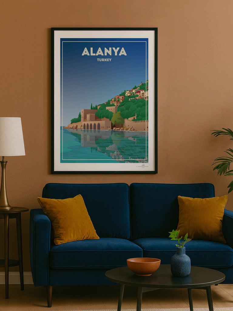 Alanya Castle Paradise Posters Travel Poster Print architecture blue castle coast fortress framed greenery hillside historic houses mediterranean new reflection sea shoreline sky towers Turkey walls water