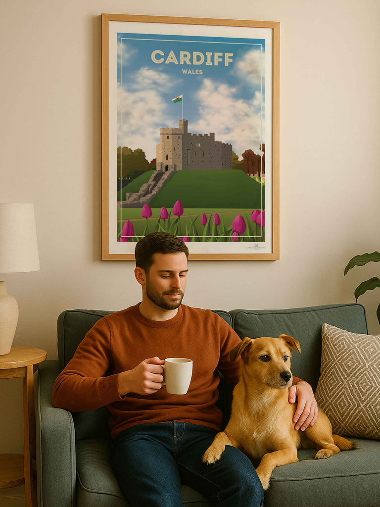 Cardiff Wales Travel Poster Print architecture cardiff castle clouds flag flowers fortress framed grass heritage hill historic landmark medieval new sky stone tower tulips welsh