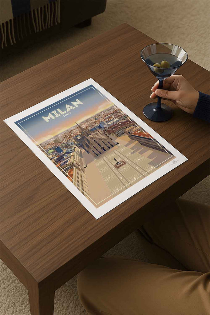 Poster of Milan on a table with a hand holding a cocktail glass.