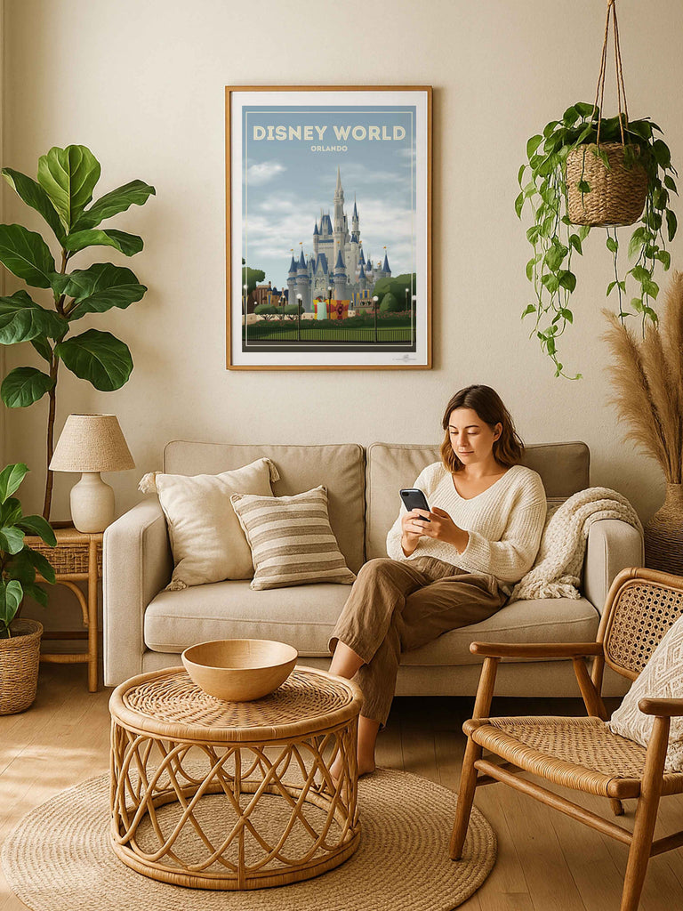 Disney World Orlando Travel Poster Print architecture bedroom-wall-art birthday-present bougainvillea british-brand castle-art classic-design coastal disney-world-poster fairytale-art family-room-decor flowers framed gift-for-travelers hillside houses housewarming-gift mediterranean mojacar mountains muted-colours new nostalgic-poster office-wall-art orlando-art pink premium-print rooftops scenic sky sunlight theme-park-art town travel-memories travel-poster vacation-poster village wedding-gift white