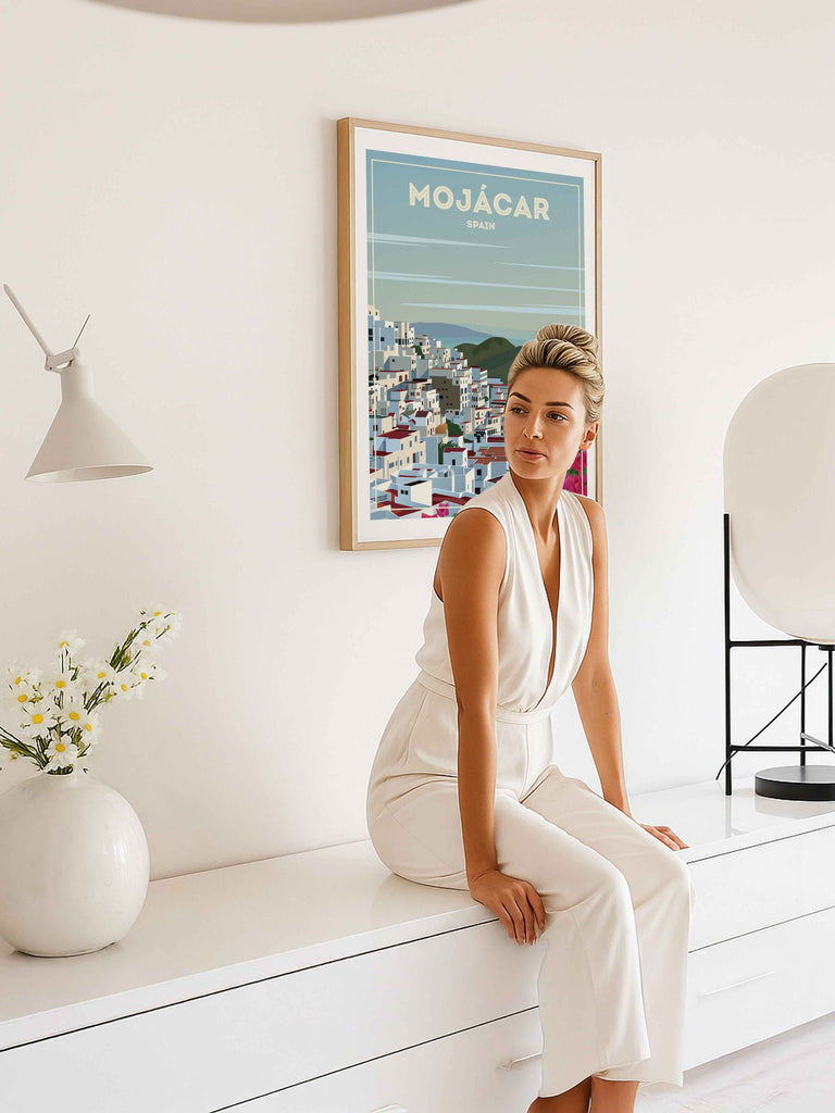 Mojácar Spain Travel Poster Print architecture bougainvillea coastal flowers framed hillside houses mediterranean mojacar mountains new pink rooftops scenic sky sunlight town village white