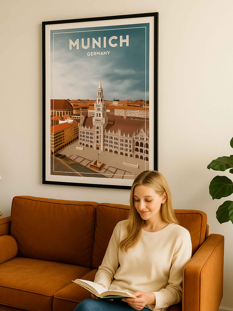 Munich Germany Travel Poster Print aerial architecture buildings cathedral cityscape clocktower clouds Europe european framed Germany historic landmark munich new old plaza rooftops skyline spire square tower